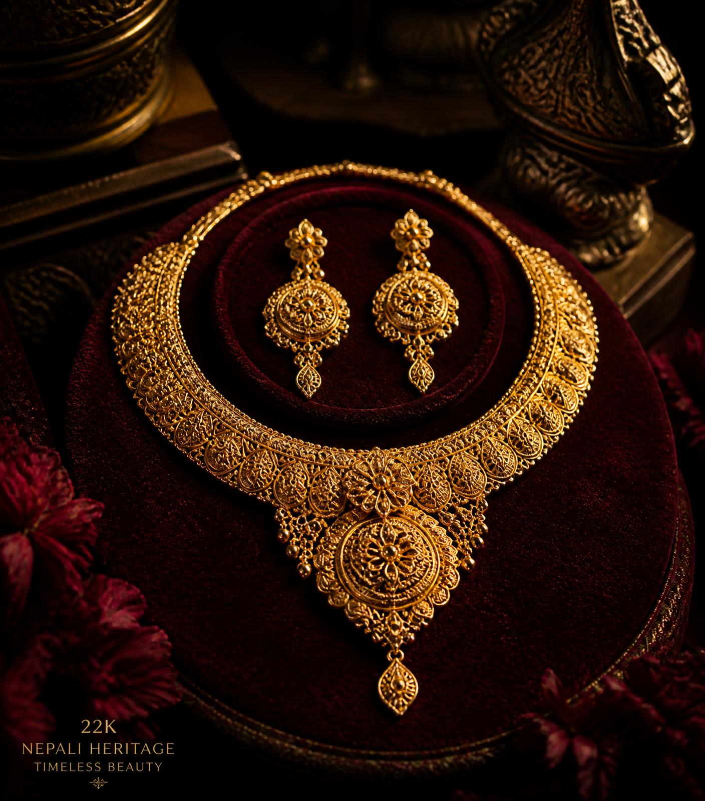 Signature 22K Nepali gold bridal necklace set on burgundy velvet