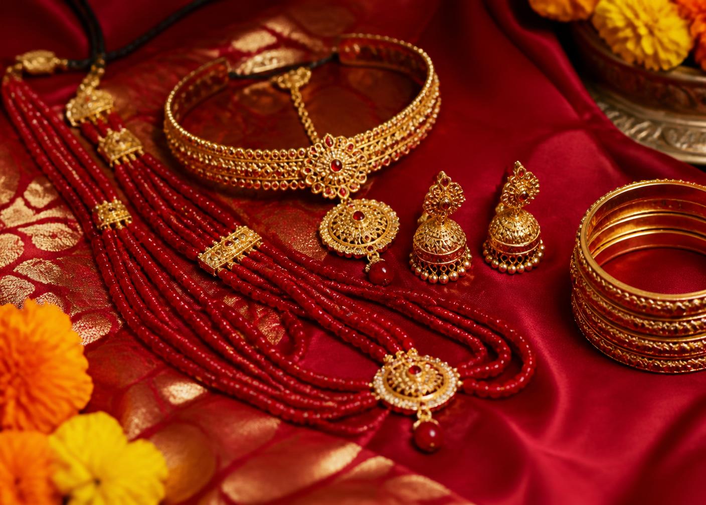 Traditional Nepali Teej jewelry set with red pote, sirbandi, jhumka and gold churas on a red sari